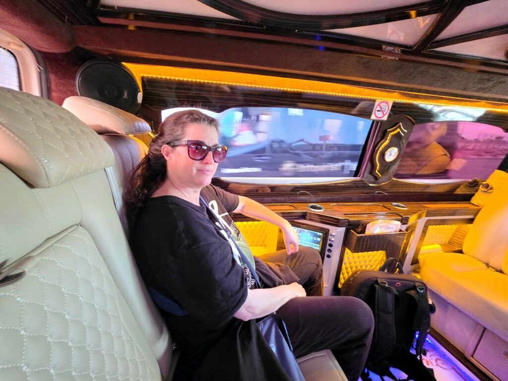 Nicole Schwarzbier im Privattaxi ins Süral Garden Hotel.