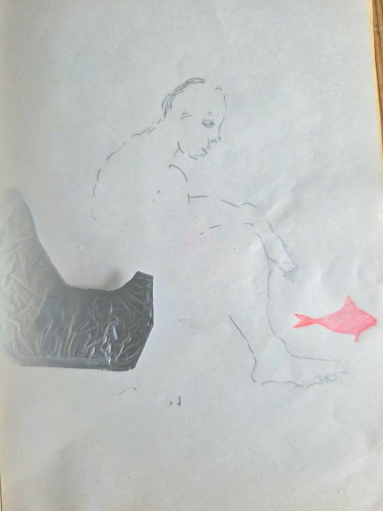 Mann Fisch Collage, Skizze von Eva Vones, Türkei.