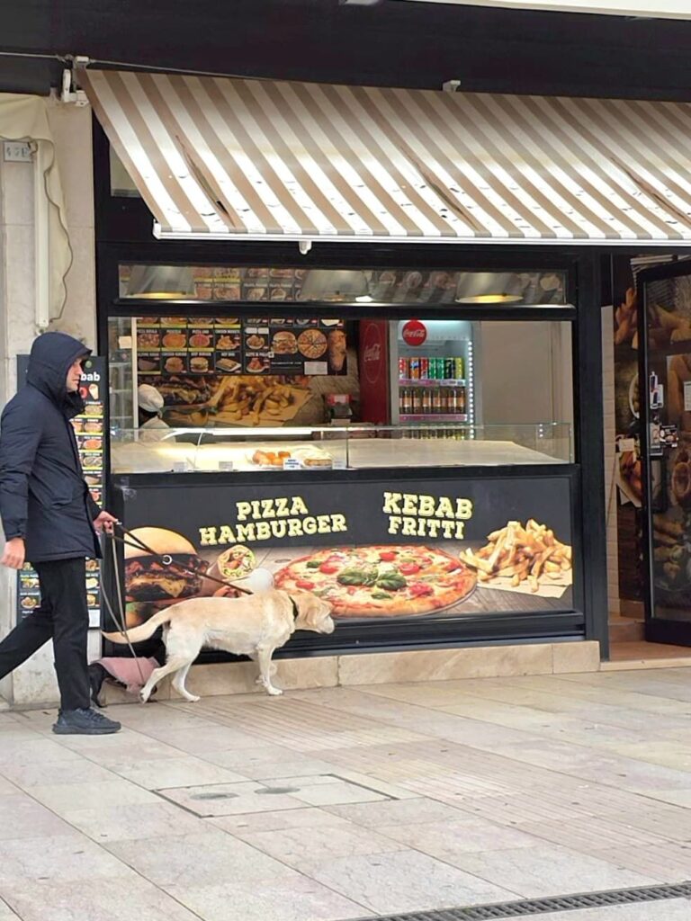 Ein Dackel und ein Retriever vor einem Imbissstand am Lido in Venedig
