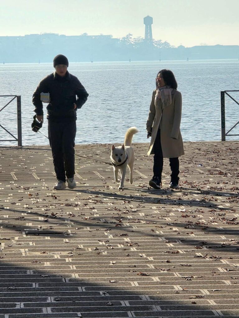 Ein weißer Hund mit einem Paar in Giudecca