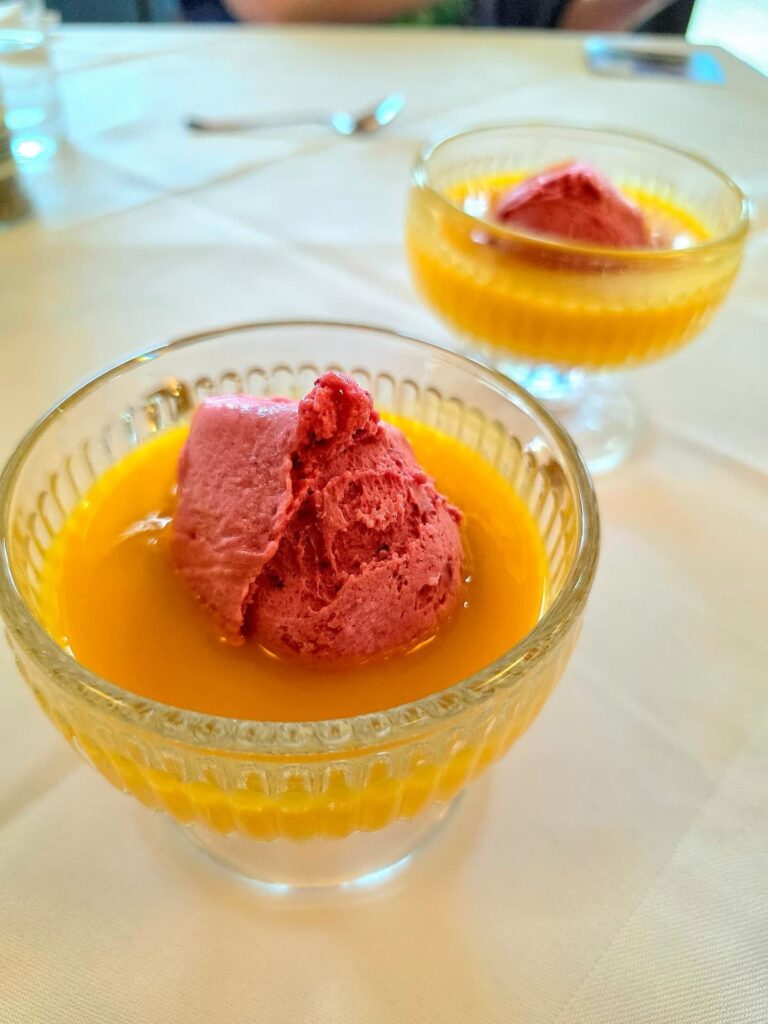 Himbeersorbet auf Mangospiegel, Josefinenhof